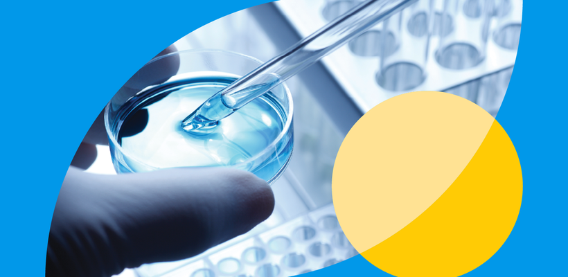 A gloved hand using a glass pipette to place a drop of blue liquid into a Petri dish
