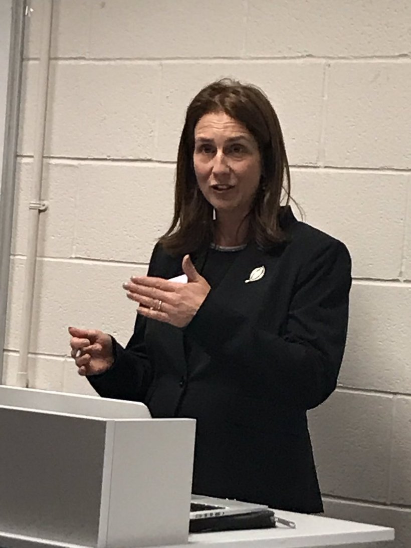 Jennifer Bruen at a podium giving a conference presentation.