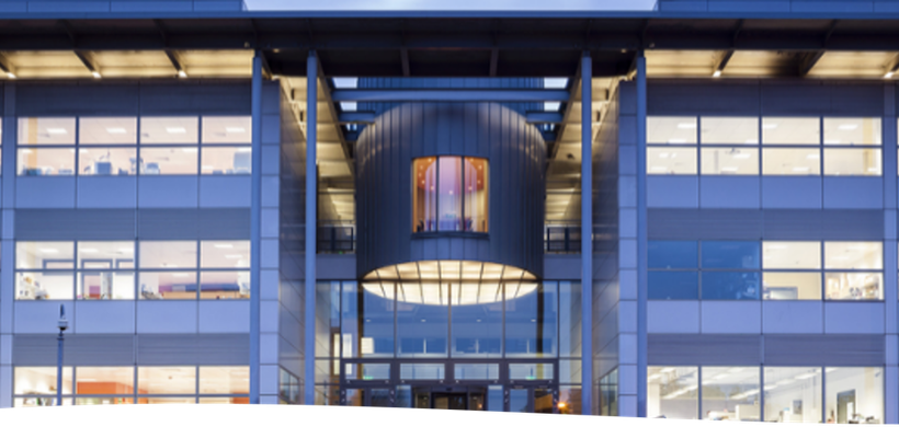 An image of the front of the Stokes Engineering Building taken in twilight
